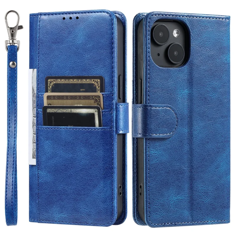 013 Style For iPhone 15 Leather Case with 6 Card Slots Protective Phone Cover - Blue