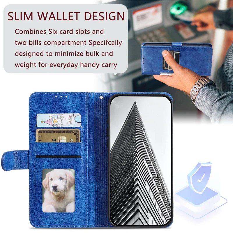 013 Style For iPhone 15 Leather Case with 6 Card Slots Protective Phone Cover - Blue