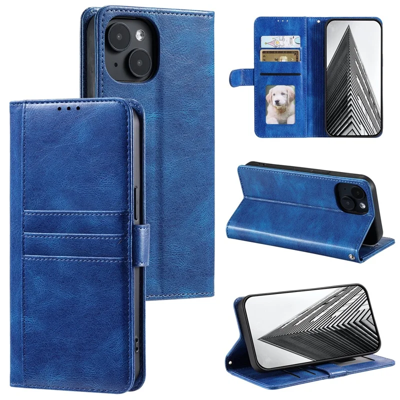 013 Style For iPhone 15 Leather Case with 6 Card Slots Protective Phone Cover - Blue