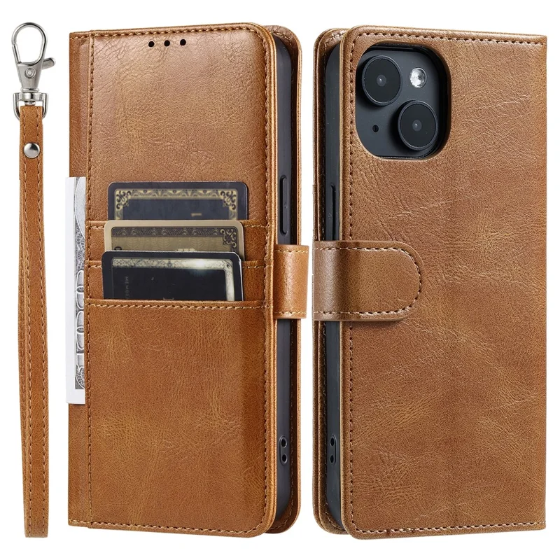 013 Style For iPhone 15 Leather Case with 6 Card Slots Protective Phone Cover - Brown