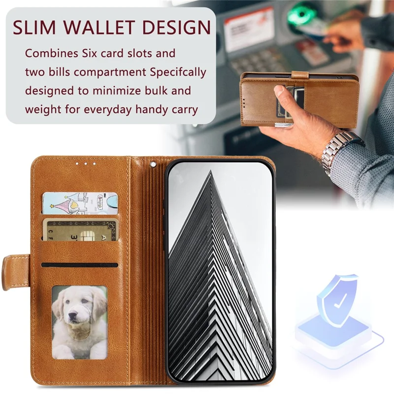 013 Style For iPhone 15 Leather Case with 6 Card Slots Protective Phone Cover - Brown