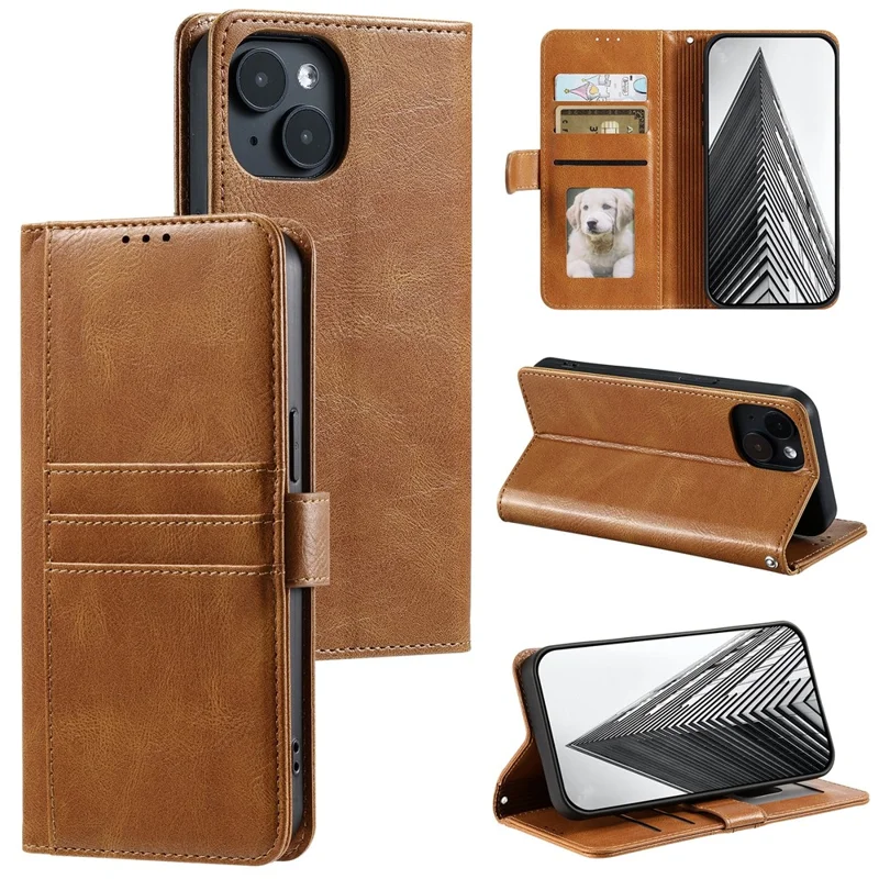 013 Style For iPhone 15 Leather Case with 6 Card Slots Protective Phone Cover - Brown