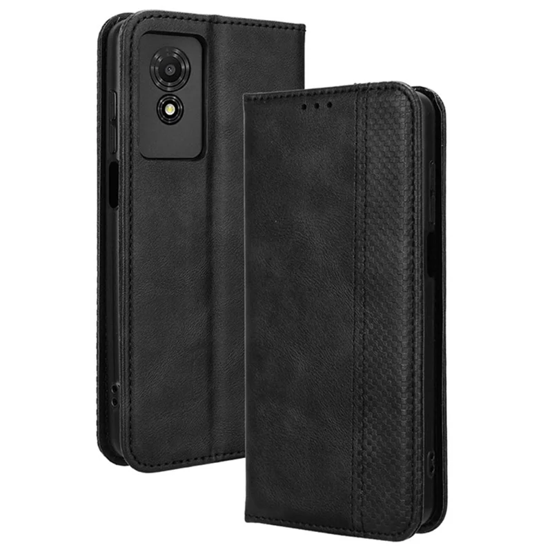For TCL 501 Leather Case Magnetic Closing Retro Phone Cover with Wallet Stand - Black