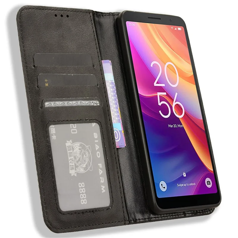 For TCL 501 Leather Case Magnetic Closing Retro Phone Cover with Wallet Stand - Black