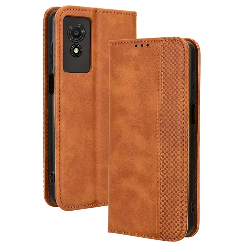 For TCL 501 Leather Case Magnetic Closing Retro Phone Cover with Wallet Stand - Brown