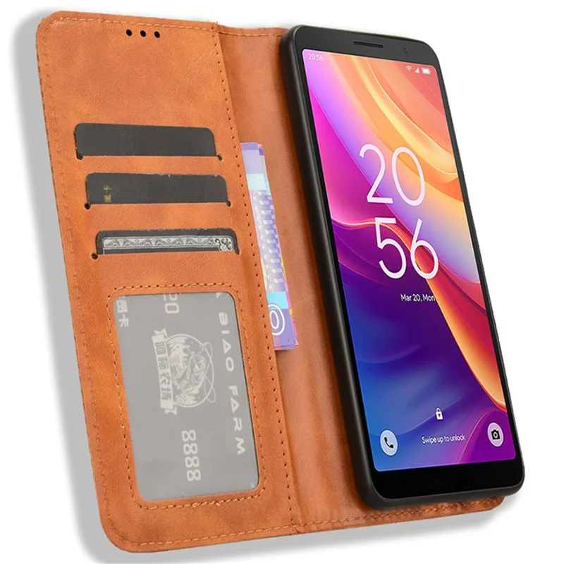 For TCL 501 Leather Case Magnetic Closing Retro Phone Cover with Wallet Stand - Brown
