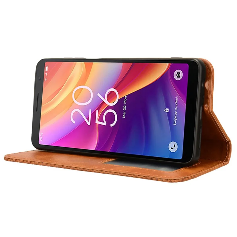For TCL 501 Leather Case Magnetic Closing Retro Phone Cover with Wallet Stand - Brown