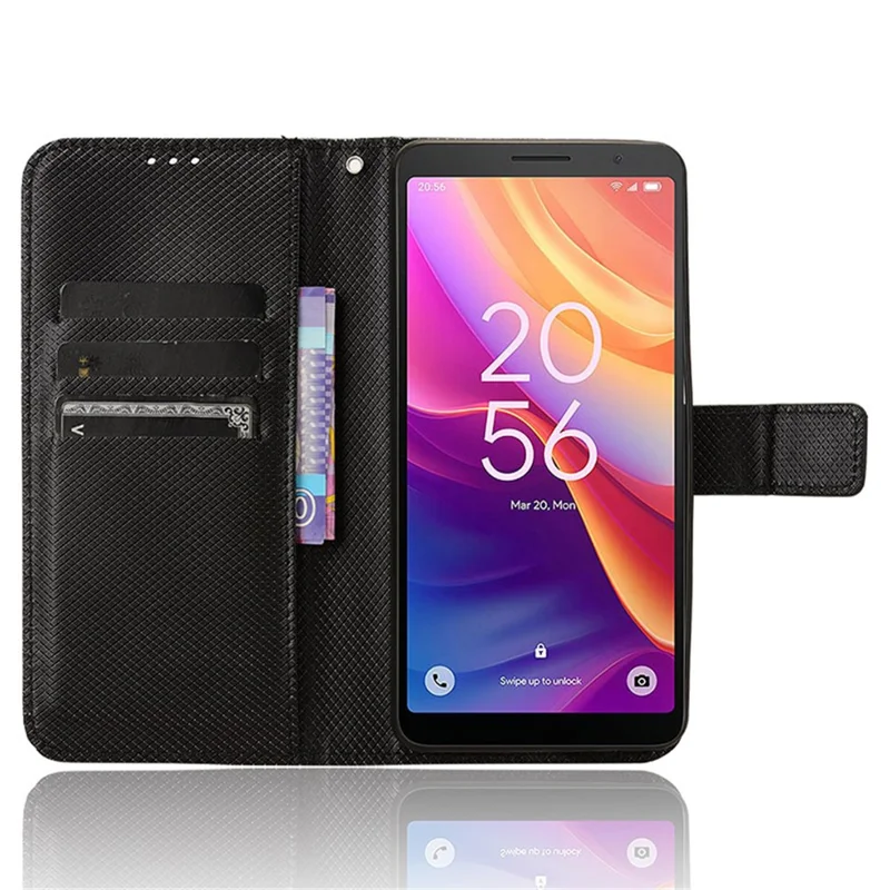 For TCL 501 Wallet Case Diamond Texture PU Leather Phone Cover with Stand - Black