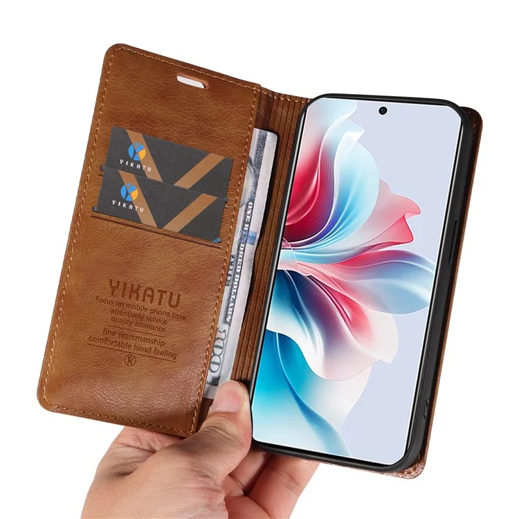 YIKATU YK-006 For Oppo Reno11 F 5G Case Litchi Texture Magnetic Closing Leather Phone Cover - Brown