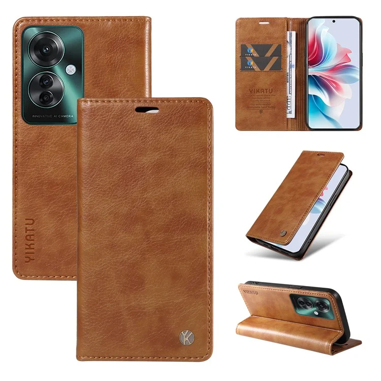 YIKATU YK-006 For Oppo Reno11 F 5G Case Litchi Texture Magnetic Closing Leather Phone Cover - Brown