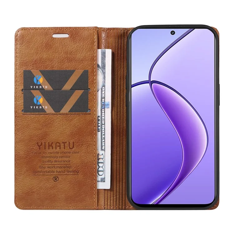 YIKATU YK-006 For Realme 12 5G Wallet Case Folding Stand PU Leather Phone Cover - Brown