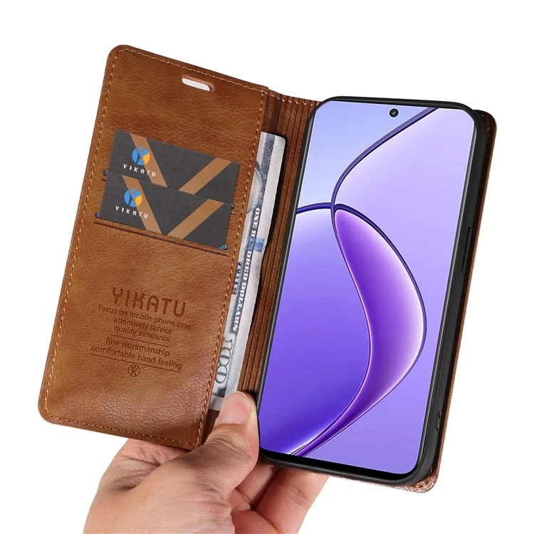 YIKATU YK-006 For Realme 12 5G Wallet Case Folding Stand PU Leather Phone Cover - Brown