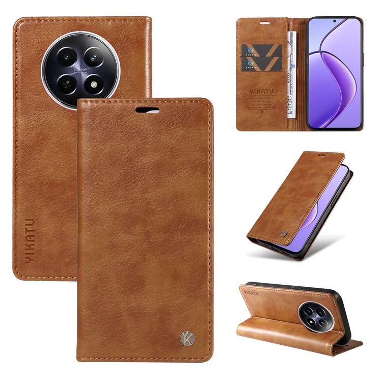 YIKATU YK-006 For Realme 12 5G Wallet Case Folding Stand PU Leather Phone Cover - Brown