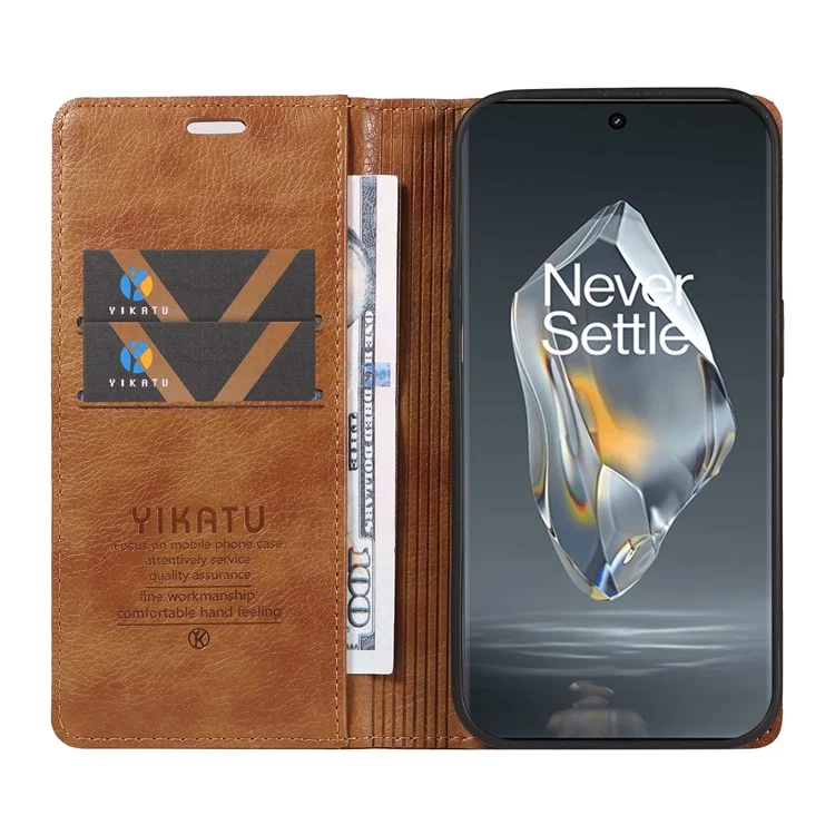 YIKATU YK-006 For OnePlus 12R 5G / Ace 3 5G Case Leather Wallet Phone Case Magnetic Closing - Brown