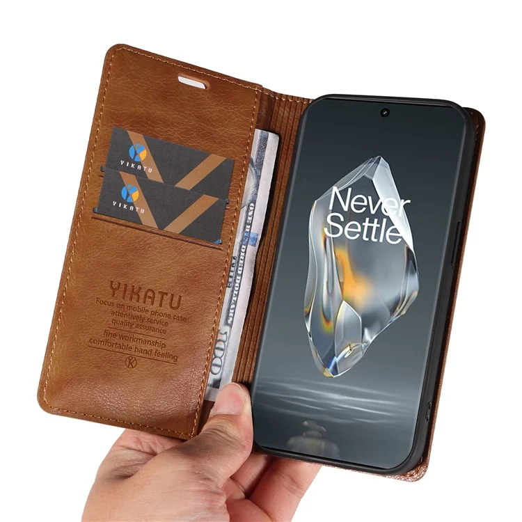 YIKATU YK-006 For OnePlus 12R 5G / Ace 3 5G Case Leather Wallet Phone Case Magnetic Closing - Brown