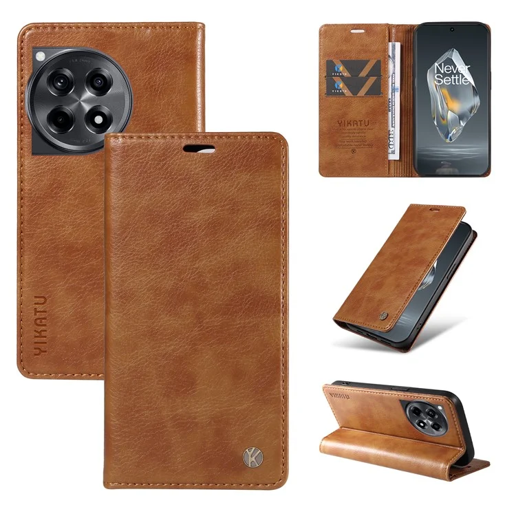 YIKATU YK-006 For OnePlus 12R 5G / Ace 3 5G Case Leather Wallet Phone Case Magnetic Closing - Brown