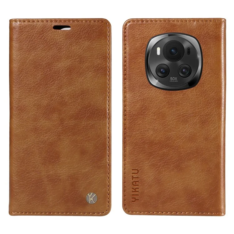 YIKATU YK-006 For Honor Magic6 5G Магнитный чехол для телефона с текстурой личи Flip Wallet Cover - Коричневый