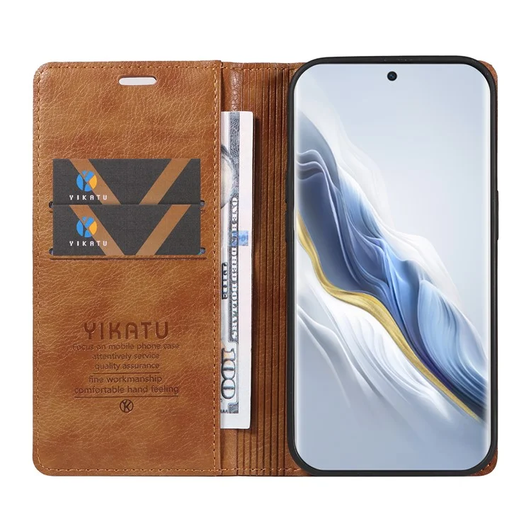 YIKATU YK-006 For Honor Magic6 5G Магнитный чехол для телефона с текстурой личи Flip Wallet Cover - Коричневый