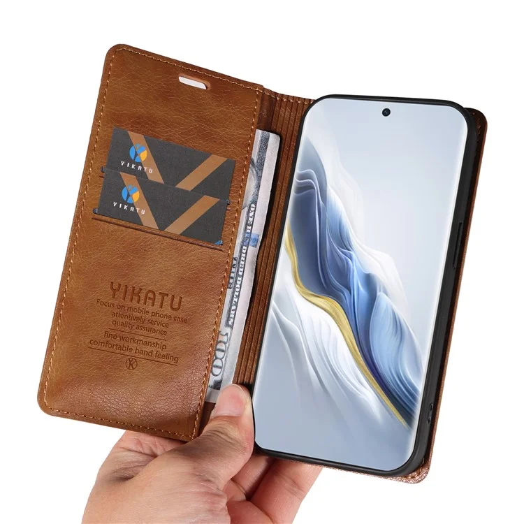 YIKATU YK-006 For Honor Magic6 5G Магнитный чехол для телефона с текстурой личи Flip Wallet Cover - Коричневый