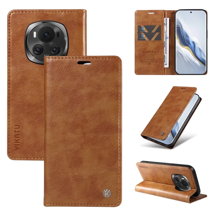 YIKATU YK-006 For Honor Magic6 5G Магнитный чехол для телефона с текстурой личи Flip Wallet Cover - Коричневый