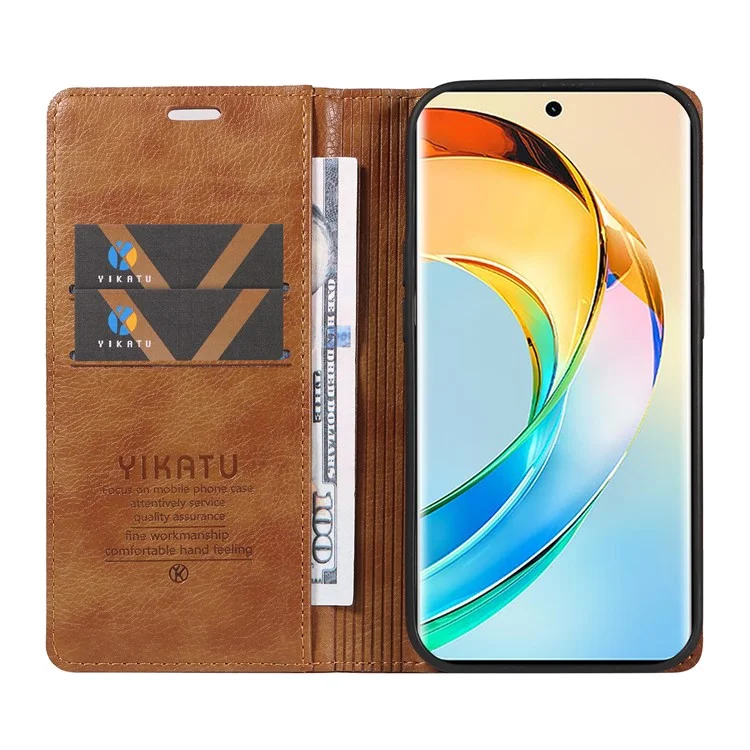 YIKATU YK-006 For Honor X9b 5G / Magic6 Lite 5G Wallet Phone Case Magnetic Closing Leather Flip Cover - Brown