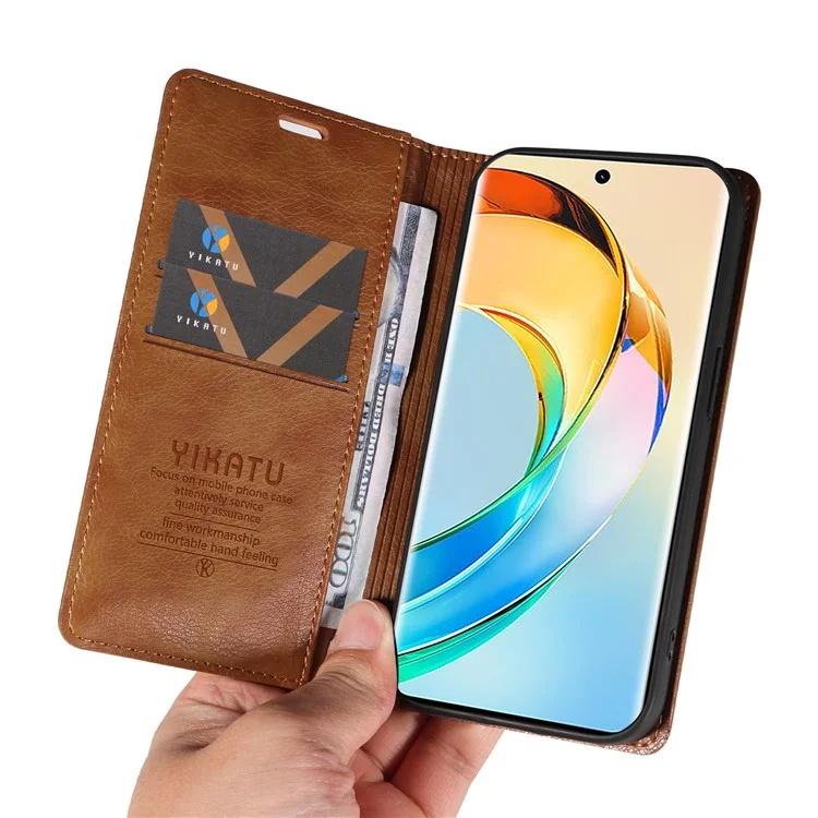 YIKATU YK-006 For Honor X9b 5G / Magic6 Lite 5G Wallet Phone Case Magnetic Closing Leather Flip Cover - Brown
