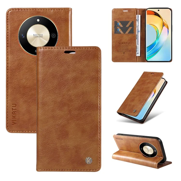 YIKATU YK-006 For Honor X9b 5G / Magic6 Lite 5G Wallet Phone Case Magnetic Closing Leather Flip Cover - Brown