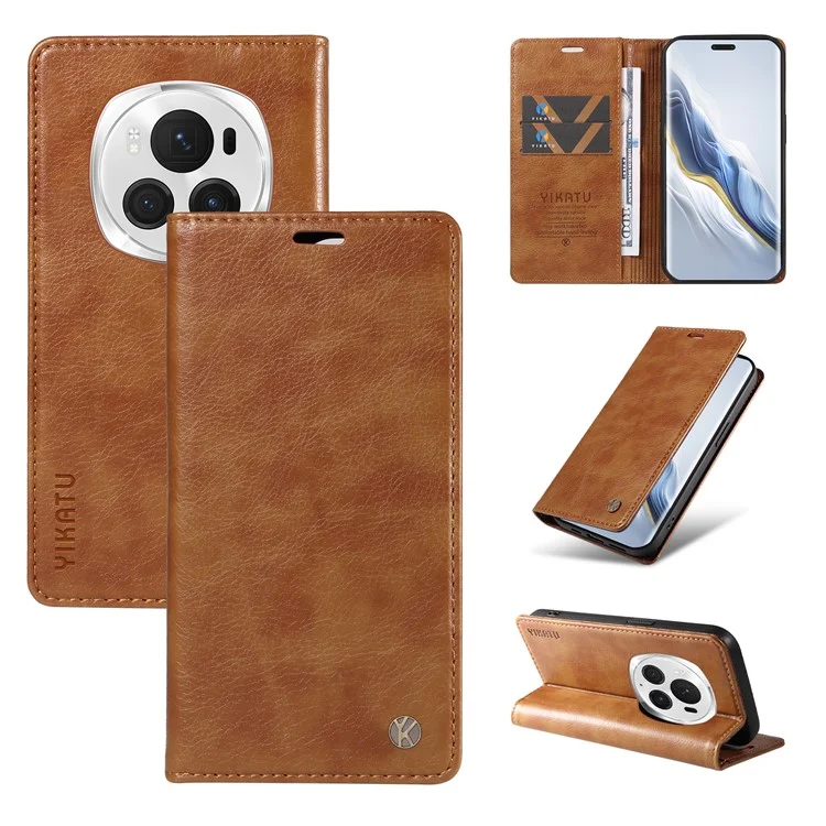 YIKATU YK-006 For Honor Magic6 Pro 5G Case Magnetic Closing Leather Flip Phone Cover with Wallet - Brown
