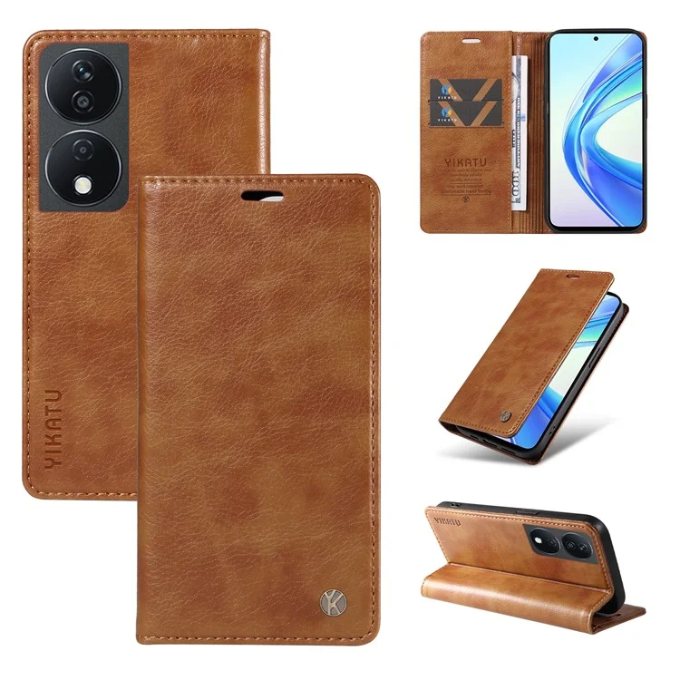 YIKATU YK-006 Para Honor X7b 4G / 90 Funda de billetera inteligente con cierre magnético de cuero Flip Phone Cover - Marrón