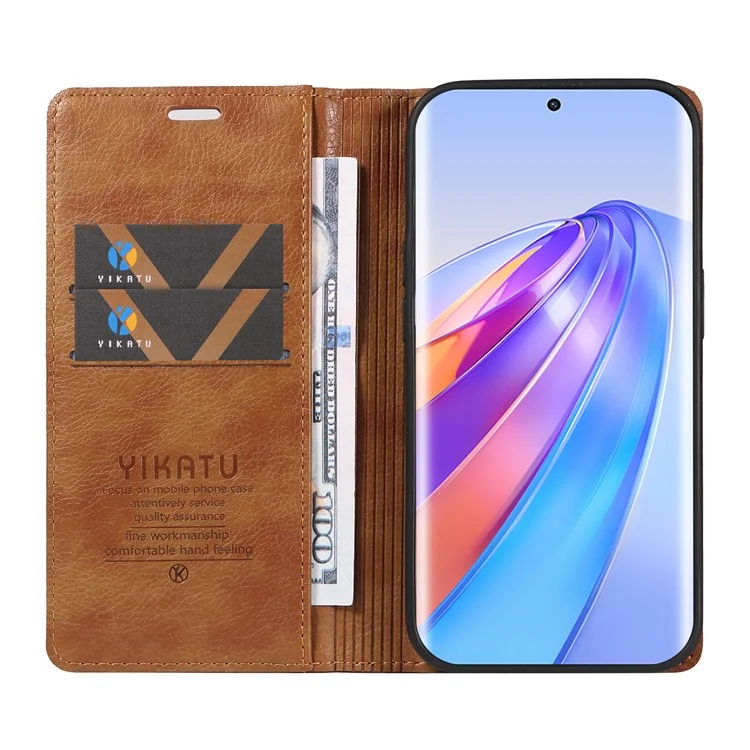 YIKATU YK-006 Per Honor X40 5G / X9a 5G / Magic5 Lite 5G Custodia in Pelle Texture Litchi Cover Porta Carte Telefono - Marrone