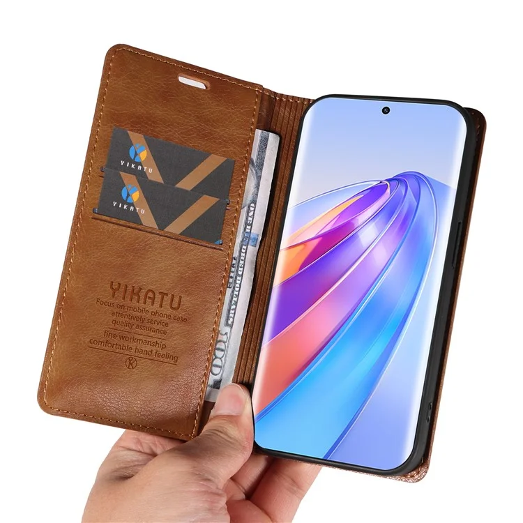 YIKATU YK-006 Per Honor X40 5G / X9a 5G / Magic5 Lite 5G Custodia in Pelle Texture Litchi Cover Porta Carte Telefono - Marrone