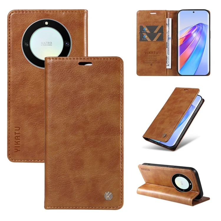 YIKATU YK-006 Per Honor X40 5G / X9a 5G / Magic5 Lite 5G Custodia in Pelle Texture Litchi Cover Porta Carte Telefono - Marrone