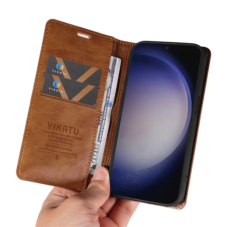 YIKATU YK-006 Para Samsung Galaxy S25+ / S24+ Wallet Case Textura de Litchi Capa de Telefone de Couro Flip - Marrom