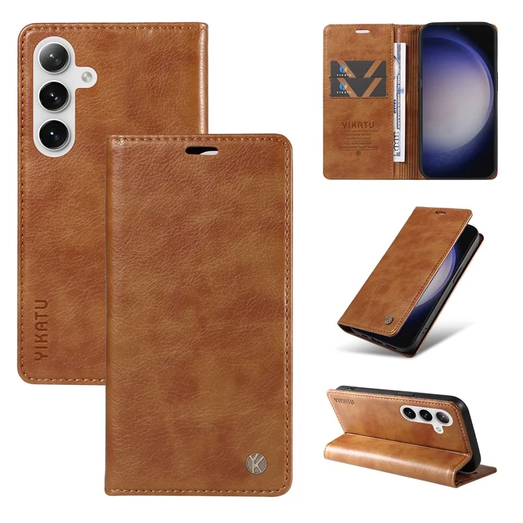 YIKATU YK-006 Para Samsung Galaxy S25+ / S24+ Wallet Case Textura de Litchi Capa de Telefone de Couro Flip - Marrom