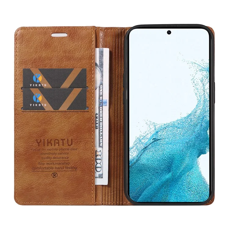 YIKATU YK-006 für Samsung Galaxy S22 5G Magnetische Hülle Litchi-Textur-Leder Flip Stand Phone Shell - Braun