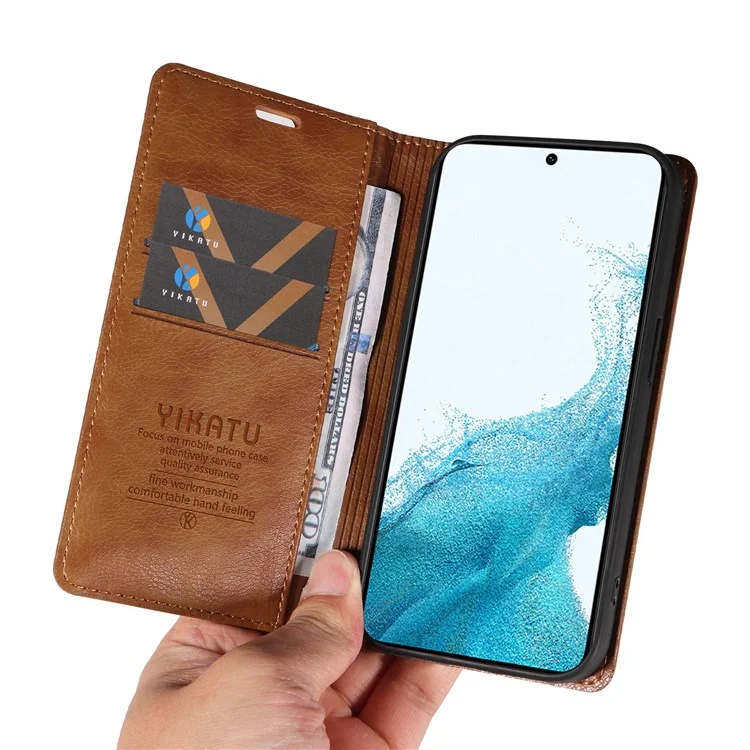 YIKATU YK-006 für Samsung Galaxy S22 5G Magnetische Hülle Litchi-Textur-Leder Flip Stand Phone Shell - Braun