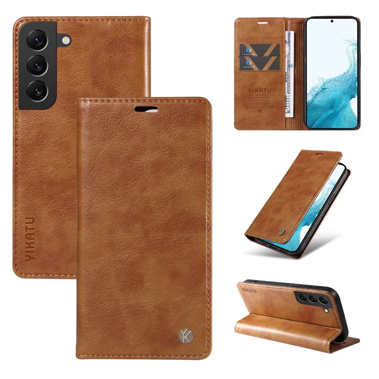 YIKATU YK-006 für Samsung Galaxy S22 5G Magnetische Hülle Litchi-Textur-Leder Flip Stand Phone Shell - Braun