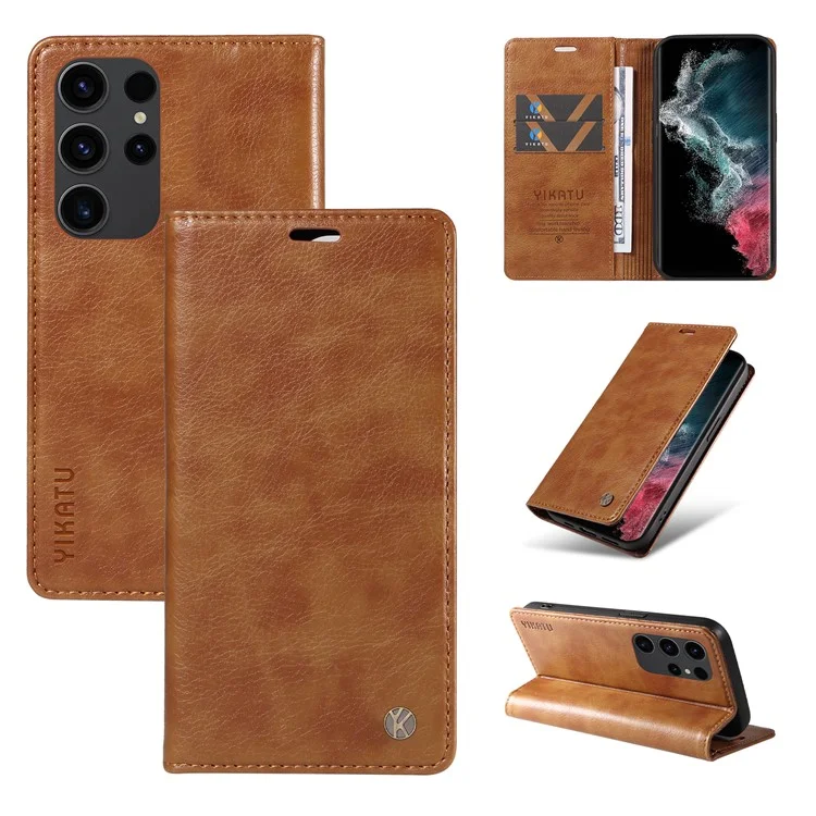 YIKATU YK-006 Funda de Cuero con Cierre Magnético para Samsung Galaxy S22 Ultra 5G - Marrón