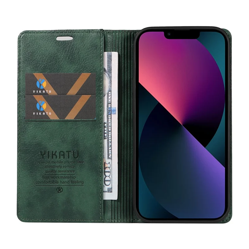 YIKATU YK-006 For iPhone 13 Wallet Case Anti-Scratch Leather Phone Cover - Green