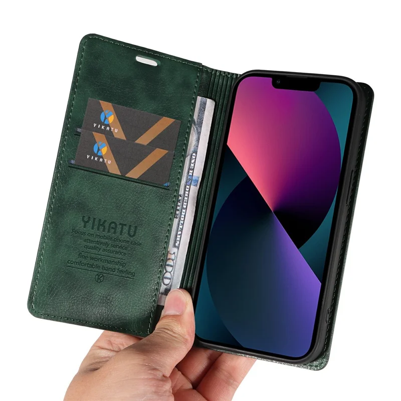 YIKATU YK-006 For iPhone 13 Wallet Case Anti-Scratch Leather Phone Cover - Green