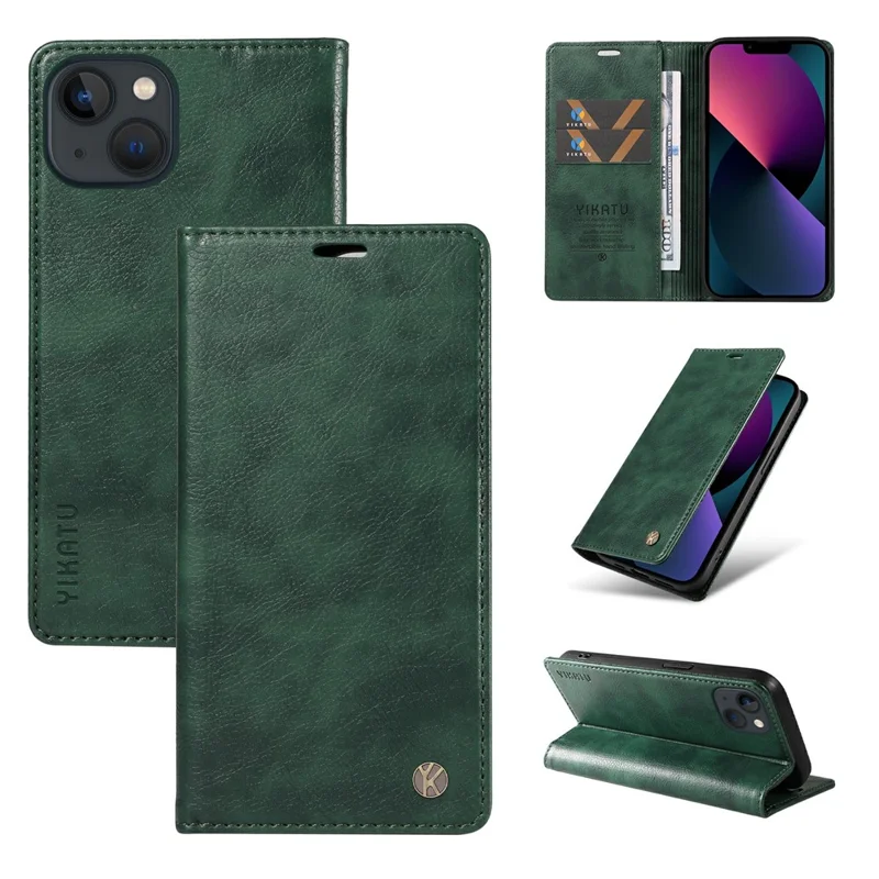 YIKATU YK-006 For iPhone 13 Wallet Case Anti-Scratch Leather Phone Cover - Green