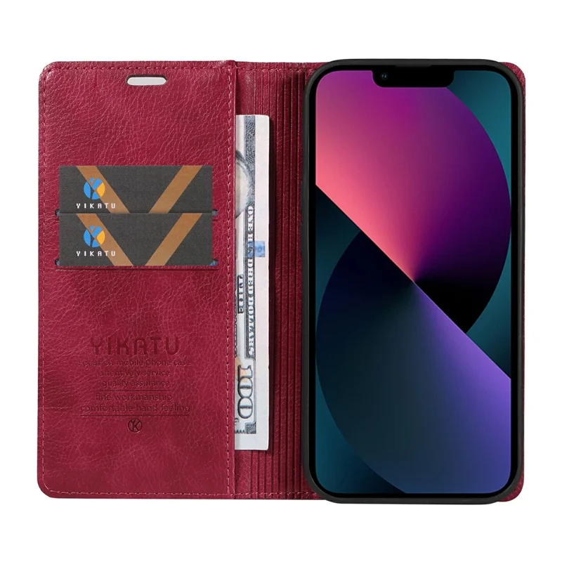 YIKATU YK-006 For iPhone 13 Wallet Case Anti-Scratch Leather Phone Cover - Wine Red