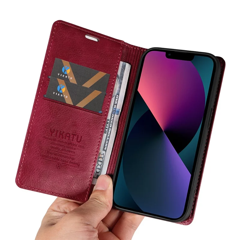 YIKATU YK-006 For iPhone 13 Wallet Case Anti-Scratch Leather Phone Cover - Wine Red