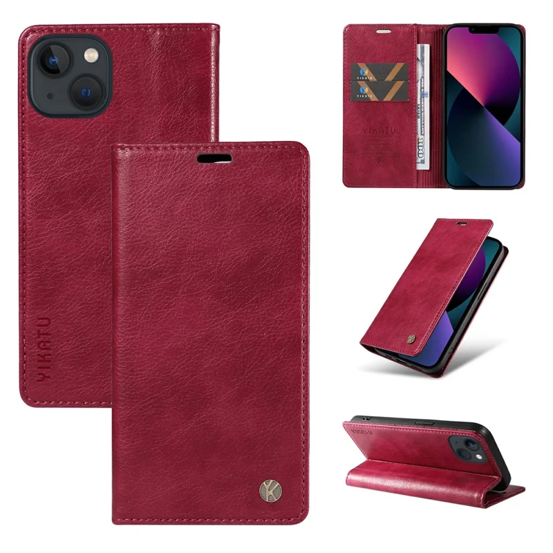 YIKATU YK-006 For iPhone 13 Wallet Case Anti-Scratch Leather Phone Cover - Wine Red