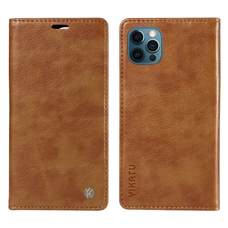 YIKATU YK-006 Capa de carteira para iPhone 13 Pro Max com fechamento magnético, capa de telefone de couro - Marrom