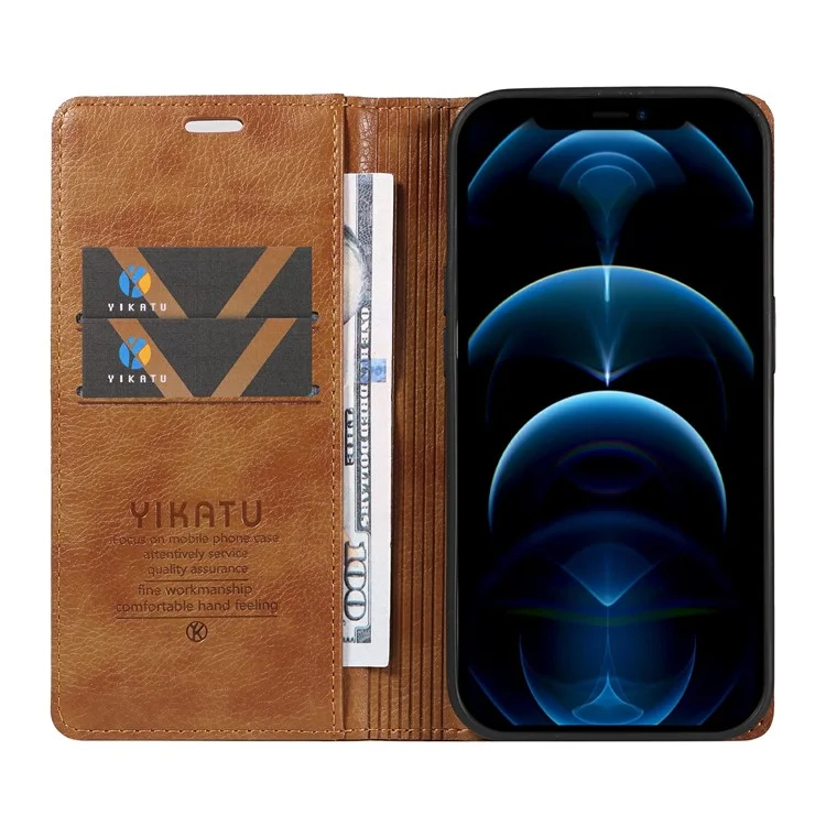YIKATU YK-006 Capa de carteira para iPhone 13 Pro Max com fechamento magnético, capa de telefone de couro - Marrom