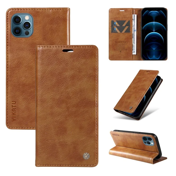 YIKATU YK-006 Capa de carteira para iPhone 13 Pro Max com fechamento magnético, capa de telefone de couro - Marrom