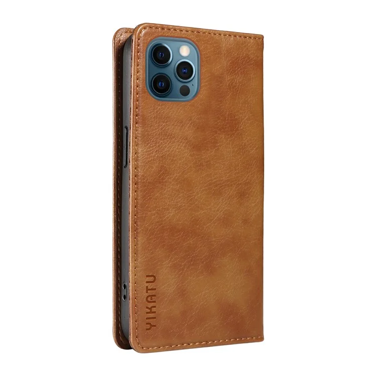YIKATU YK-006 Capa de carteira para iPhone 13 Pro Max com fechamento magnético, capa de telefone de couro - Marrom