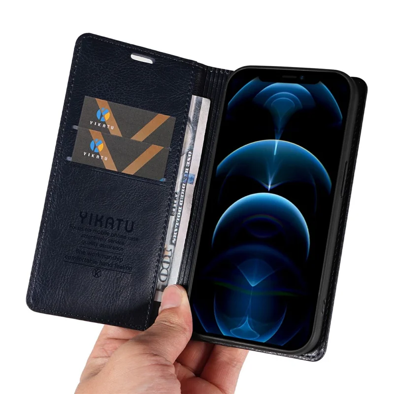 YIKATU YK-006 For iPhone 13 Pro Max Wallet Case Magnetic Closure Leather Phone Cover - Navy Blue