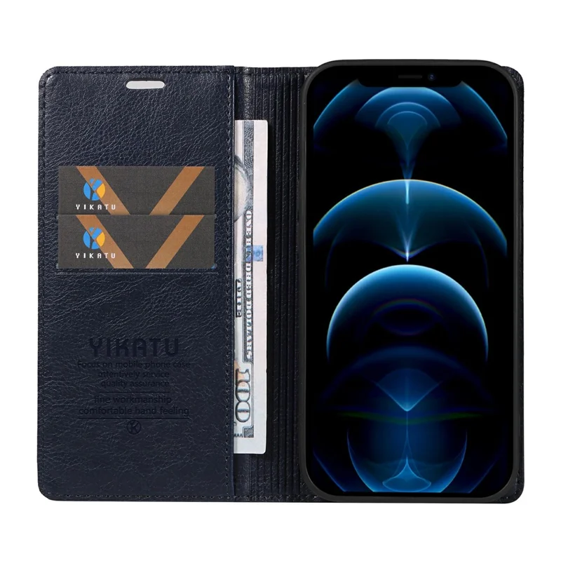 YIKATU YK-006 For iPhone 13 Pro Max Wallet Case Magnetic Closure Leather Phone Cover - Navy Blue